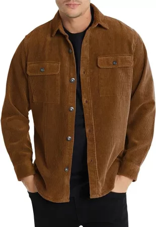 Men's Corduroy Jacket Casual Button Down Shirts Long Sleeve Shacket Jackets Slim Fit Jacket with Flap Pockets