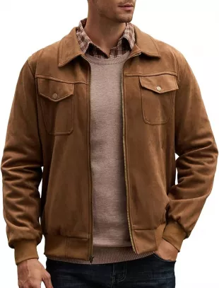 Men's Turn-Down Collar Front-Zip Suede Jacket Faux Leather Trucker Jackets Coat