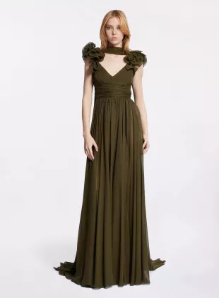 Flower Embellished Silk Dress