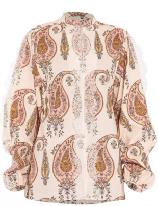 Paisley-Print Silk Tie-Neck Blouse