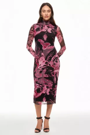 Abstract Floral Mesh Midi Dress