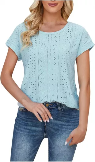 Chemisier d'été à manches courtes pour femme - Taille 44 - Chemisier à œillets - Uni - Style décontracté - Uni - Pull ample - T-shirt élégant - Chemises de fête - Vacances