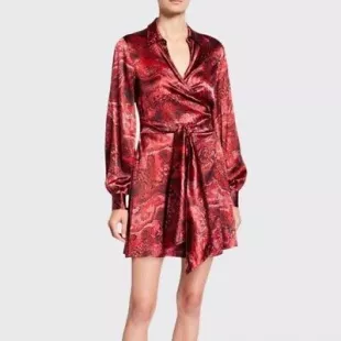 Printed Satin Long-Sleeve Silk Wrap Dress