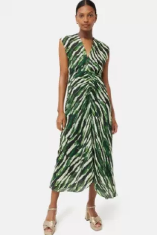 Abstract Zebra Silk Linen Dress Green