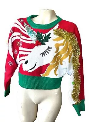 Ugly Christmas Sweater Holiday Unicorn Tinsel New Tags Sequin Red Green