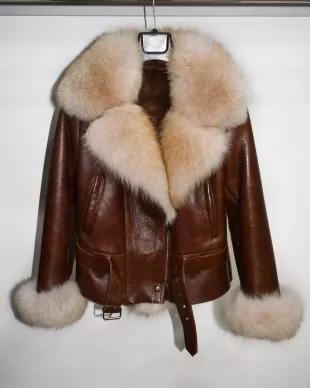 Women Genuine Fox Fur Trim Real Shearling Biker Jacket Brown Short Fur Coat