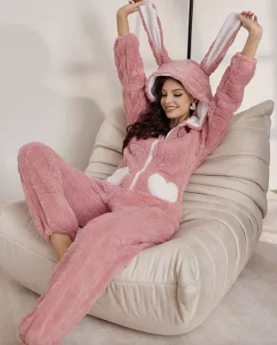 Combinaison pyjama à capuche pour femmes, blocs de couleurs, ours d'amour, fleur coupée, motif en peluche