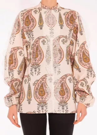 Paisley-Print Silk Tie-Neck Blouse