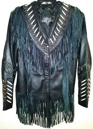 Black Leather Biker Motorcycle Jacket Native Bone Beads Fringe Western Gallery