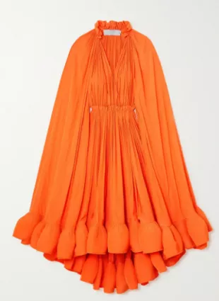 Cape-effect tie-detailed Ruffled Charmeuse Dress