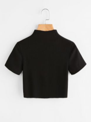 High Neck Ribbed Crop TeeFor Women romwe