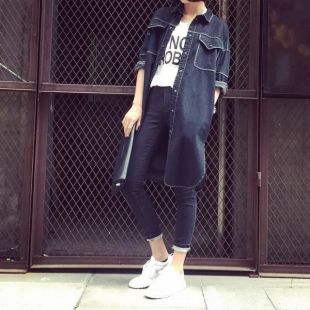 Veste femme longue au genou en denim jeans manche longue col revers avec poches rétro boyfriend décontracté printemps/automne