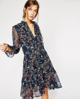 The Kooples France    ROBE AMPLE IMPRIME BLUE BIRD EN EN MOUSSELINE DE SOIE CREPONNEE