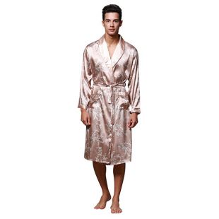 Sexy Dragon Phoenix Printing Silk like Pajamas Long Sleeve Robe for Men