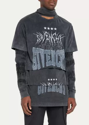 Black Multi Logo Layered Hooded T Shirt