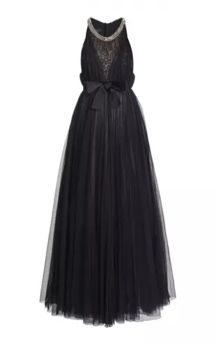 Embellished Neckline Cotton Tulle Maxi Dress