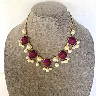 Statement Faux Pearl Gold Tone Necklace Magenta Fabric Button Beads