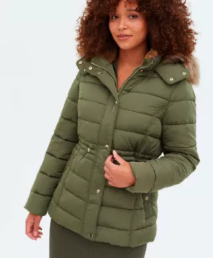 Khaki Faux Fur Hooded Puffer Jacket
