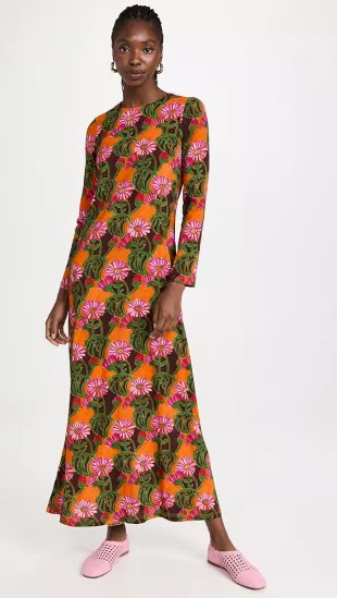 Printed Long-Sleeved Large Swing Dress
