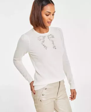Cashmere Embellished Bow Sweater in Classic Black