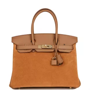 Birkin Bag in Alezan and Chamois Swift Leather and Veau Grizzly with Gold Hardware