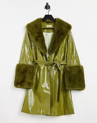 faux fur trim tie waist midi coat in green