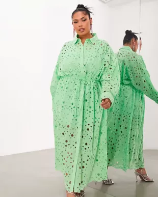 ASOS EDITION - Curve Broderie Drawstring Long Sleeve Midi Shirt Dress In  Bright Green