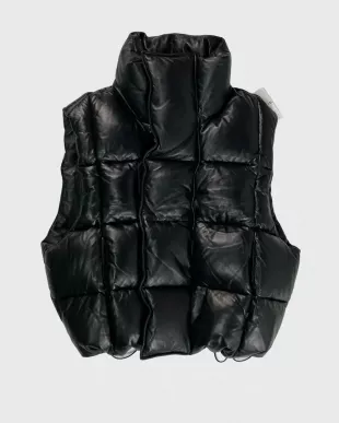Black Leather Square Quilted Down Vest