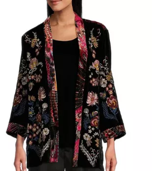 Embroidered Floral Burnout Velvet 3/4 Sleeve Open-Front Kimono