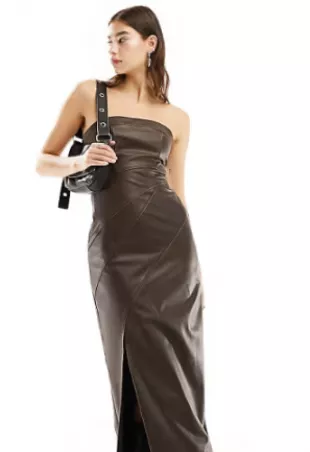 Stradivarius Faux Leather Bandeau Maxi Dress