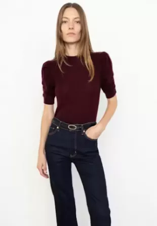 Ruched Puff Sleeve Sweater in Wine