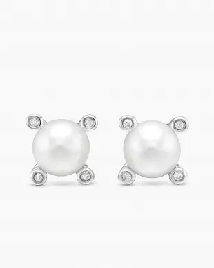 David Yurman | Pearl Stud Earrings in Sterling Silver with Pearls and Diamonds, 7.4mm