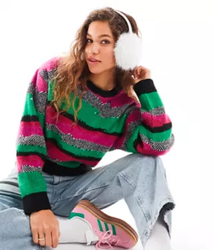 Scoop Neck Sweater In Multi Graphic