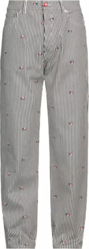 Blue Hickory Striped Floral Embroidered Pants