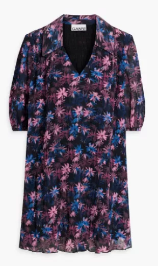 Floral-Print Plissé-Organza Mini Dress