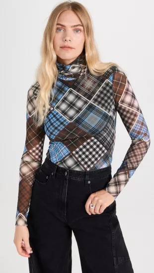 Long Sleeve Printed Mesh Long Sleeve Rollneck Top Sweater