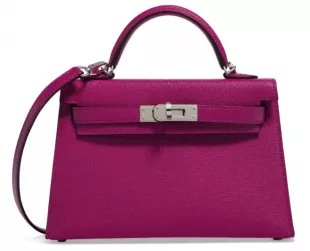 Mini Kelly 20 Bag Sellier Rose Pourpre Chevre Leather with Palladium Hardware
