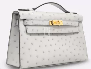 Kelly Pochette Bleu Glacier Ostrich with Gold Hardware