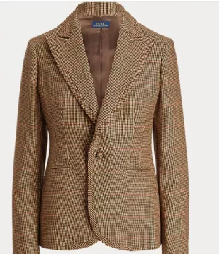 Houndstooth-Trim Plaid Tweed Blazer