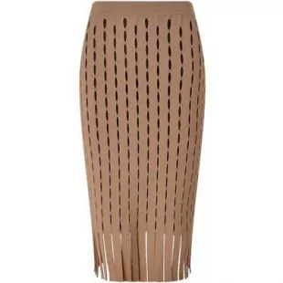 Fringe Perforated Pencil Skirt in Camel