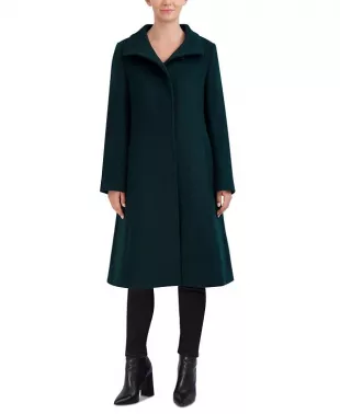 Stand-Collar Single-Breasted Wool Blend Coat in Forest