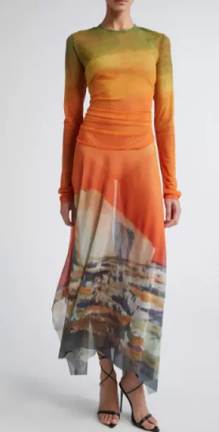 Printed Mesh Hankerchief Hem Midi Dress