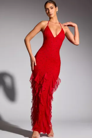 Tatianna Halter Embellished Maxi Gown (Red)
