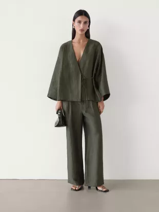 Flowing Linen Blend Kimono in Dark Green