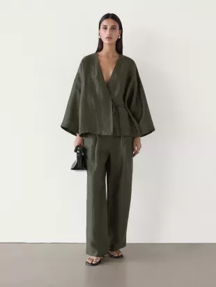 Linen Blend Darted Trousers in Dark Green