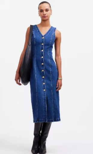 Women Black Denim V Neck Midi Dress
