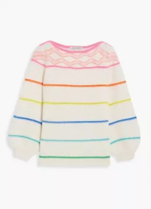 Cashmere Striped Puff-Sleeve Cashmere Sweater