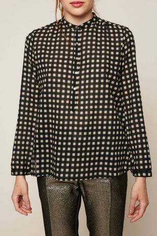 Chemise noire et beige en coton à carreaux