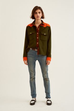 sur chemise en laine kaki marron et orange