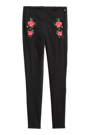 H&M Embroidered stretch trousers Black/Flowers